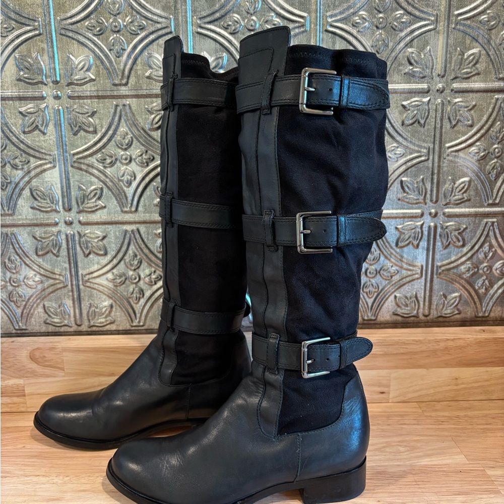 Cole Haan Tall Buckle Boots Nike Air Sole Black Leather size 7
